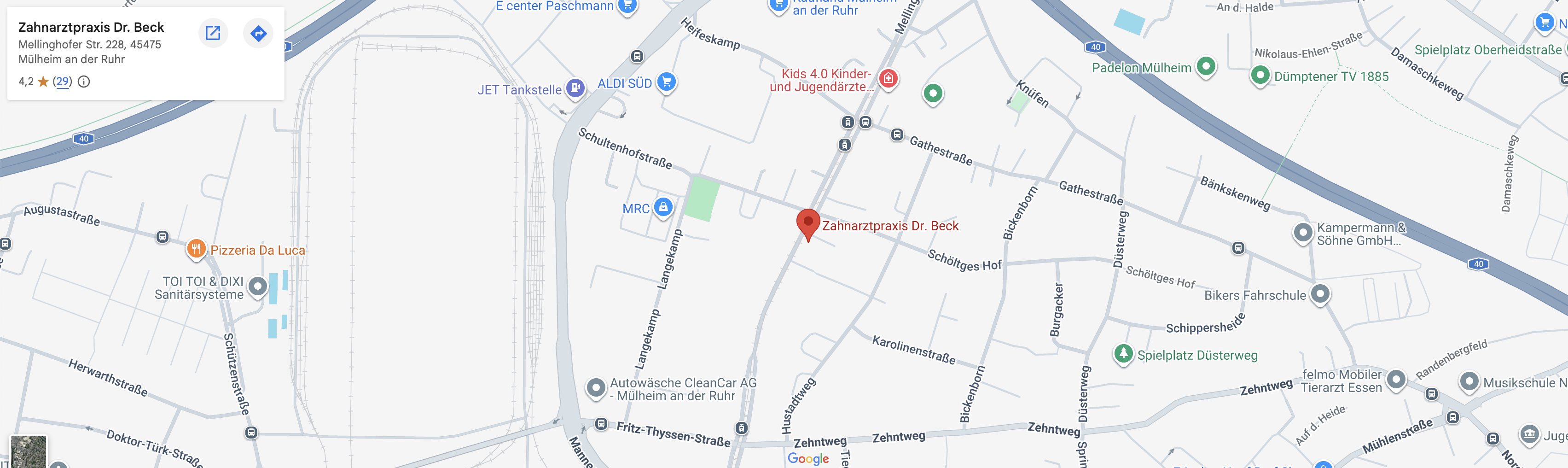 Kartenausschnitt mit dem Standort der Zahnarztpraxis Dr. Beck, Mellinghofer Str. 228, Mülheim an der Ruhr